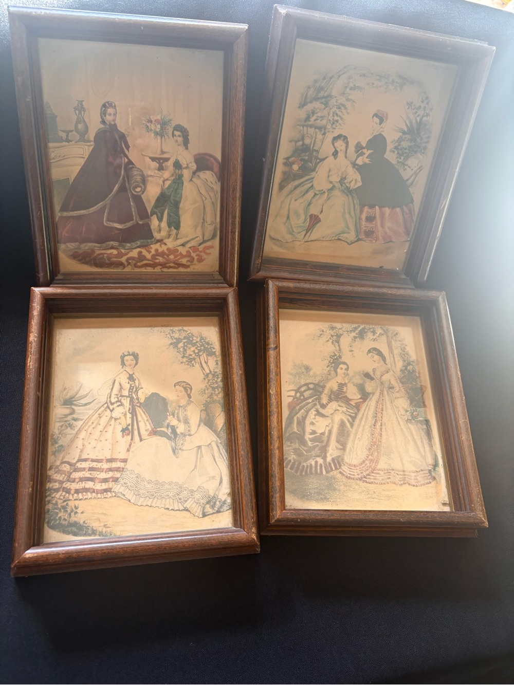 Vintage French Victorian Framed Fashion Prints - Brown Frame (Set of 4)